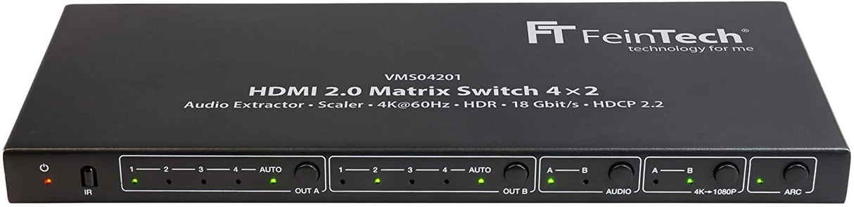 FeinTech VMS04201 Conmutador de Matriz HDMI Matrix Switch 4x2 (4 entradas, 2 Salidas, con Extractor de Audio, Scaler, Ultra HD, 4 K, 60 Hz, HDR)