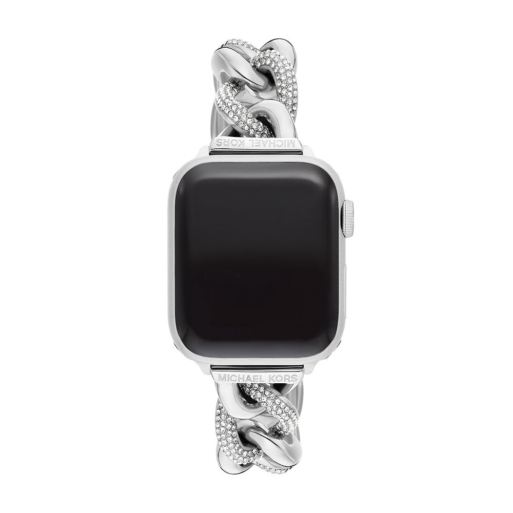 Michael Kors Correa de acero inoxidable o acetato para mujer, compatible con Apple Watch de 38 mm/40 mm/41 mm, Tono plateado