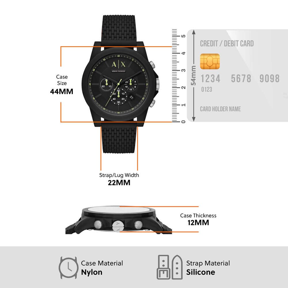 Armani Exchange Reloj hombre, movimiento cuarzo cronógrafo y caja 44mm con correa silicona