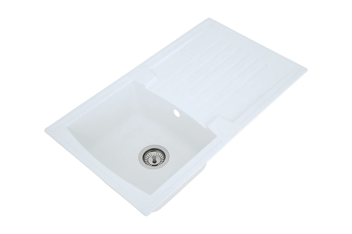 Respekta Boston Fregadero de Mineralite en blanco/Fregadero empotrado de 1 cubeta de 86 x 50 cm/Apto para bases a partir de 45 cm de ancho