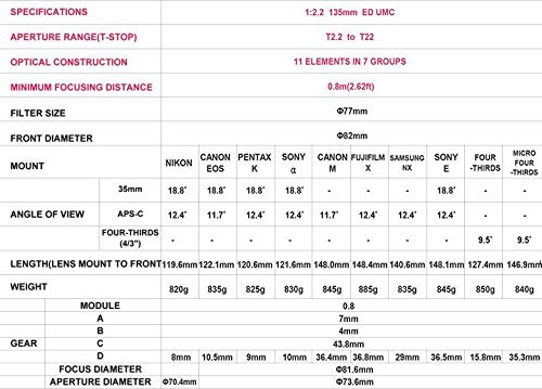 Samyang F1312206101 - Objetivo para vídeo VDSLR para Sony E (Distancia Focal Fija 135mm, Apertura T2.2-22 ED UMC, diámetro Filtro: 77mm), Negro