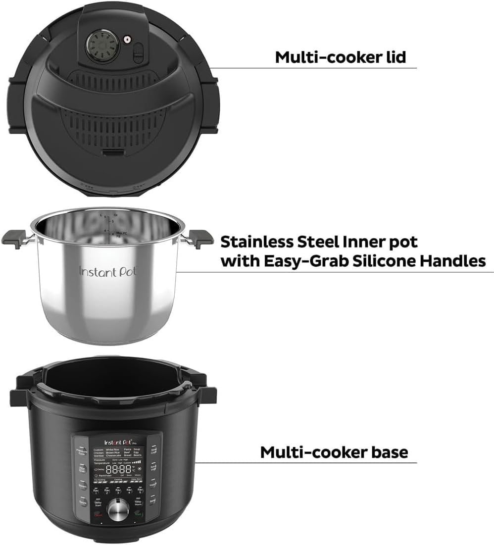 Instant Pot Pro Olla a Presión Eléctrica Multifunción 10 en 1, Cocción Lenta, Arrocera, Vaporera, Yogurtera, Sartén para Saltear, Esterilizador y Al vapor – Acero Inoxidable, 1200 W – 5,7 L, Negro