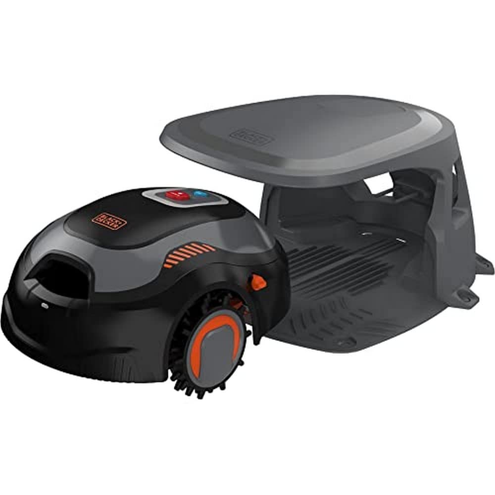 BLACK+DECKER BCRMW123 Robot Cortacésped Gama Alta con Limpiador Caseta y una batería de Litio de 12V y 4.3Ah Cubre hasta 700m2 de jardín