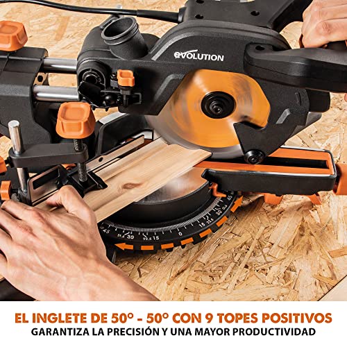 Evolution Sierra ingletadora deslizante de 185 mm (R185SMS+) de Evolution con corte multimaterial; bisel de 45°, inglete de 50°; guía láser. Incluye hoja multiusos