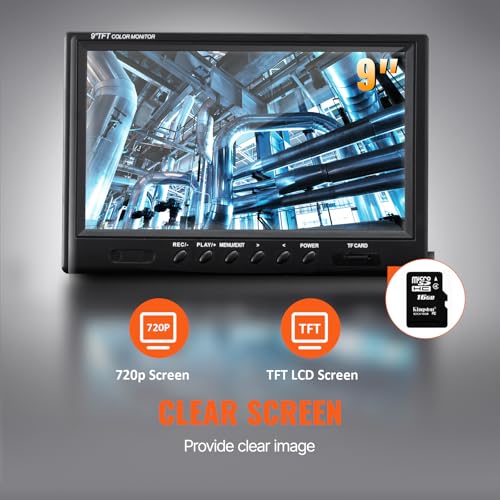 VEVOR Cámara Endoscópica de Drenaje Pantalla de 9" IP68 Impermeable Batería de 4500 mAh 12 LED Ajustable Cable de 91,5 m Tarjeta SD de 16GB para Tubería de Alcantarillado Drenaje de Plomería en Hogar