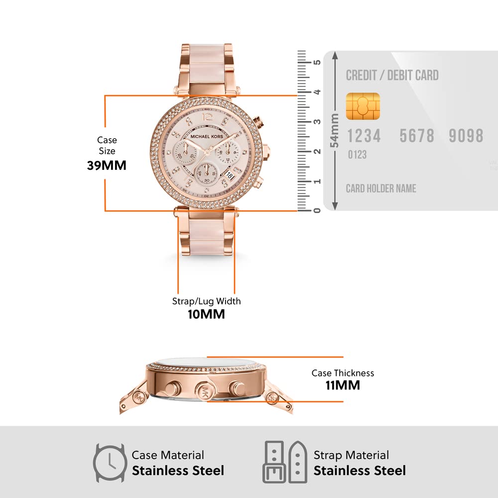 Michael Kors - Reloj Parker cronógrafo de Cuarzo con Correa de Acero Inoxidable en Tono Oro Rosa con eslabones centrales de Acetato ruborizado para Mujer MK5896