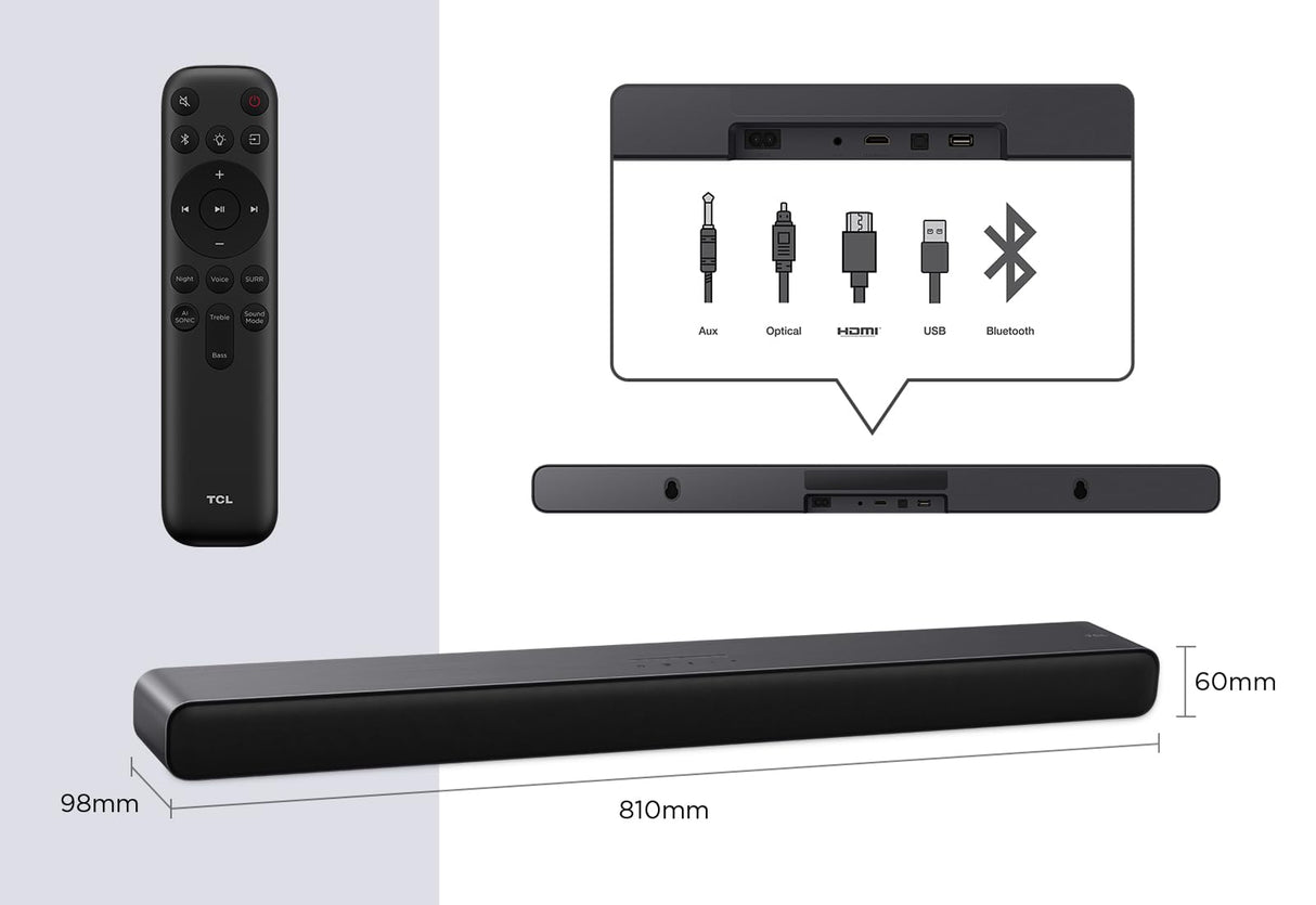 Barra de Sonido TCL S45HE 2.0 Canales para TV, 100 vatios, Cine en casa, expansión de Sonido, Dolby Atmos, DTS Virtual:X, Mando a Distancia único, Bluetooth 5.2, HDMI eArc, USB