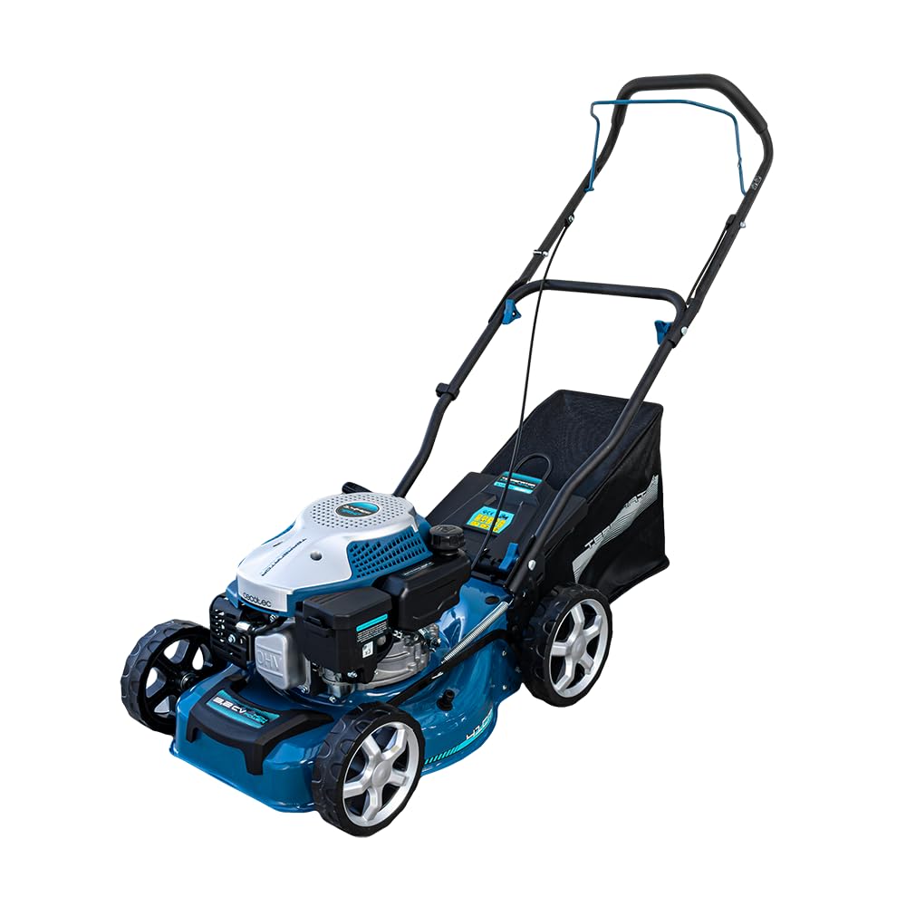 Cecotec Cortacésped de Gasolina Terrenator 2700.41 Total Z. Motor de 144cc, 2,4kW y 3,2CV, Cuerpo de Acero 41cm, Cambio de Altura Sistema Z-Tech, Corte, Recogida y Mulching, Ruedas Traseras XL