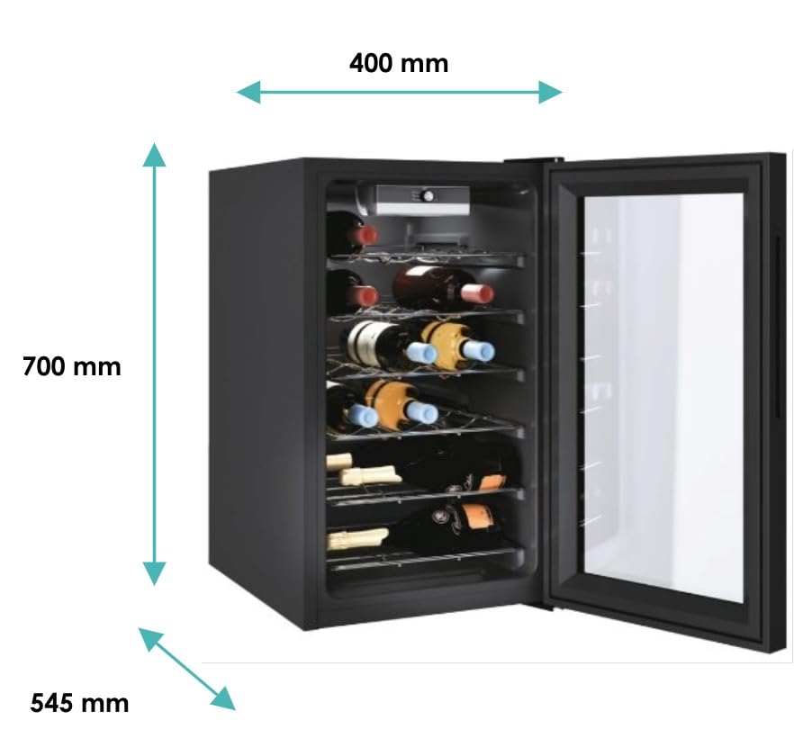 Candy DiVino CWC 021 M/NF Vinoteca Vino, 21 botellas, App HOn con tecnología Vivino, estantes cromados, 39 dB, Clase G, 40 x 55 x 70 cm, negro [Clase de eficiencia energética G]