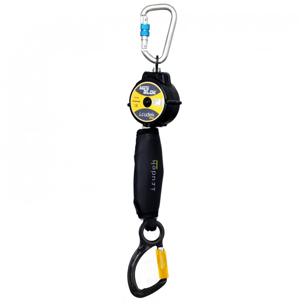 Irudek MINIBLOK SE-C – Anticaídas retráctil Compacto de Cinta Technora 2 m con mosquetón automático 21,5 mm y Chip NFC Ready, EN 360 / EN 362 / VG11.060, 980 g