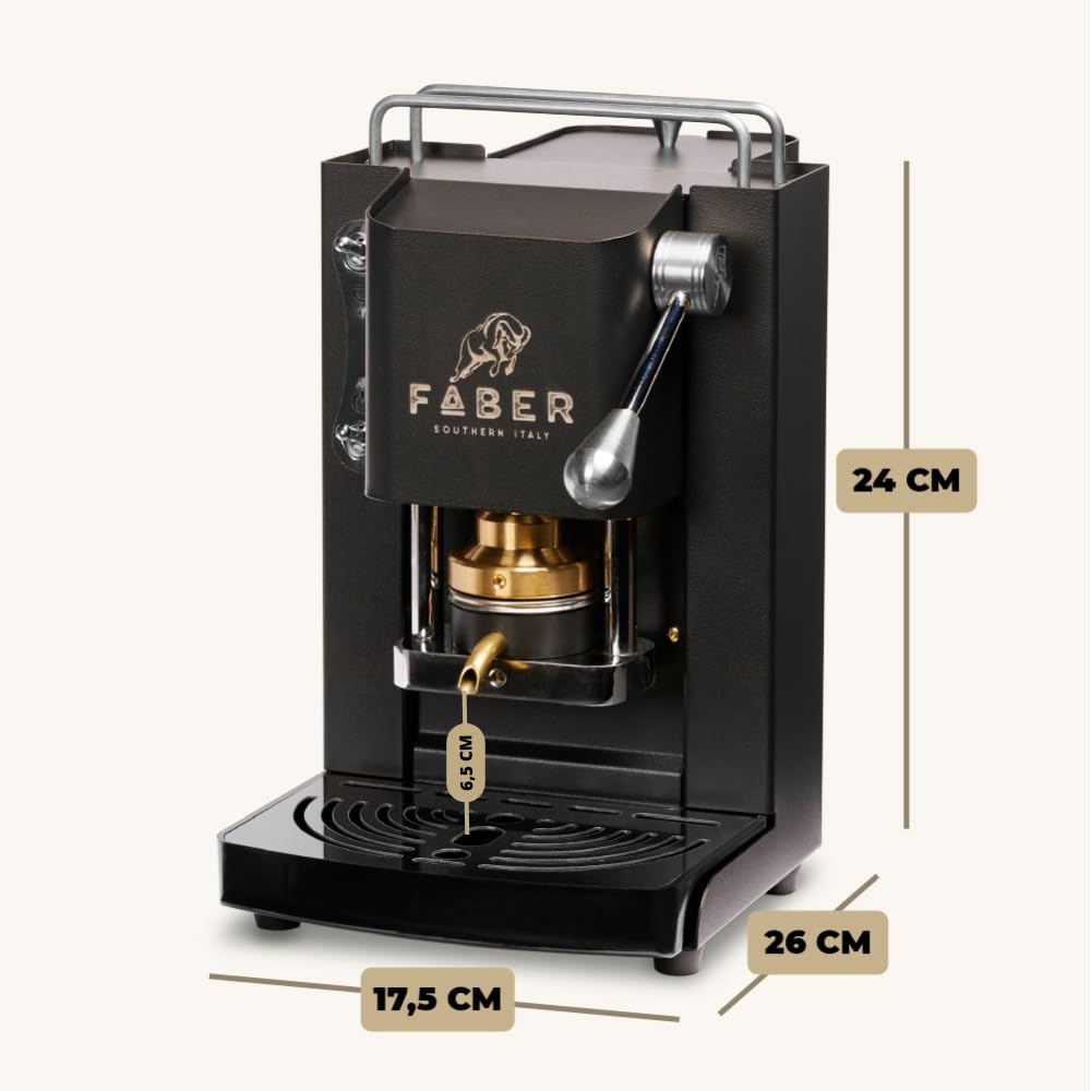 FABER COFFEE MACHINES | Modelo Pro Mini Deluxe | Cafetera con cápsulas ese 44 mm | Color Mat Black Chrome acabados | Pressacialda en latón