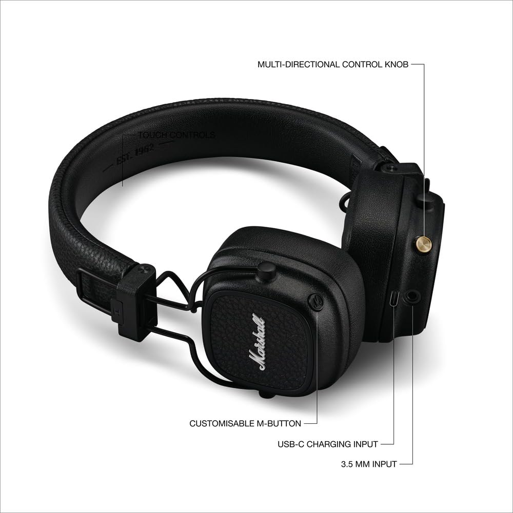 Marshall Major V Auriculares Inalámbricos Bluetooth, 100 Horas de Reproducción - Negro
