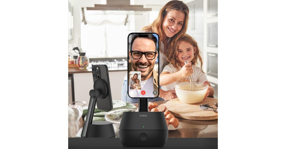 Belkin Soporte para móvil Pro con Seguimiento automático y DockKit, Cargador inalámbrica MagSafe de 15 W, rastreo 360°, integración iOS para iPhone 16, 15, 14, 13 y 12, Adaptador CA y Cable de 1,5 m