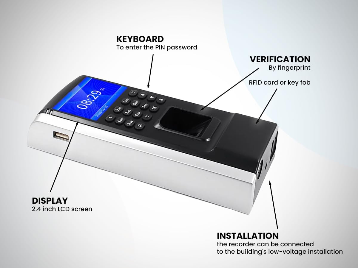 HDWR CTR12 Máquina Fichar de Asistencia Biométrica, Grabadora de Registro para Empleados, Sistema Biométrico Avanzado de Huella Dactilar, Contraseña y Tarjeta RFID 125kHz, Control Horario Empleados