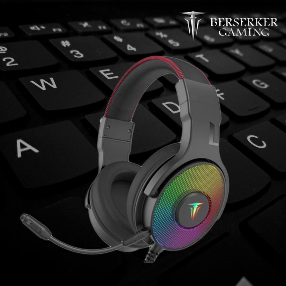 BERSERKER Auriculares Gaming con Sonido Estéreo 7.1, Micrófono Desmontable, Control de Volumen, RGB, Cable 2,1 m, USB