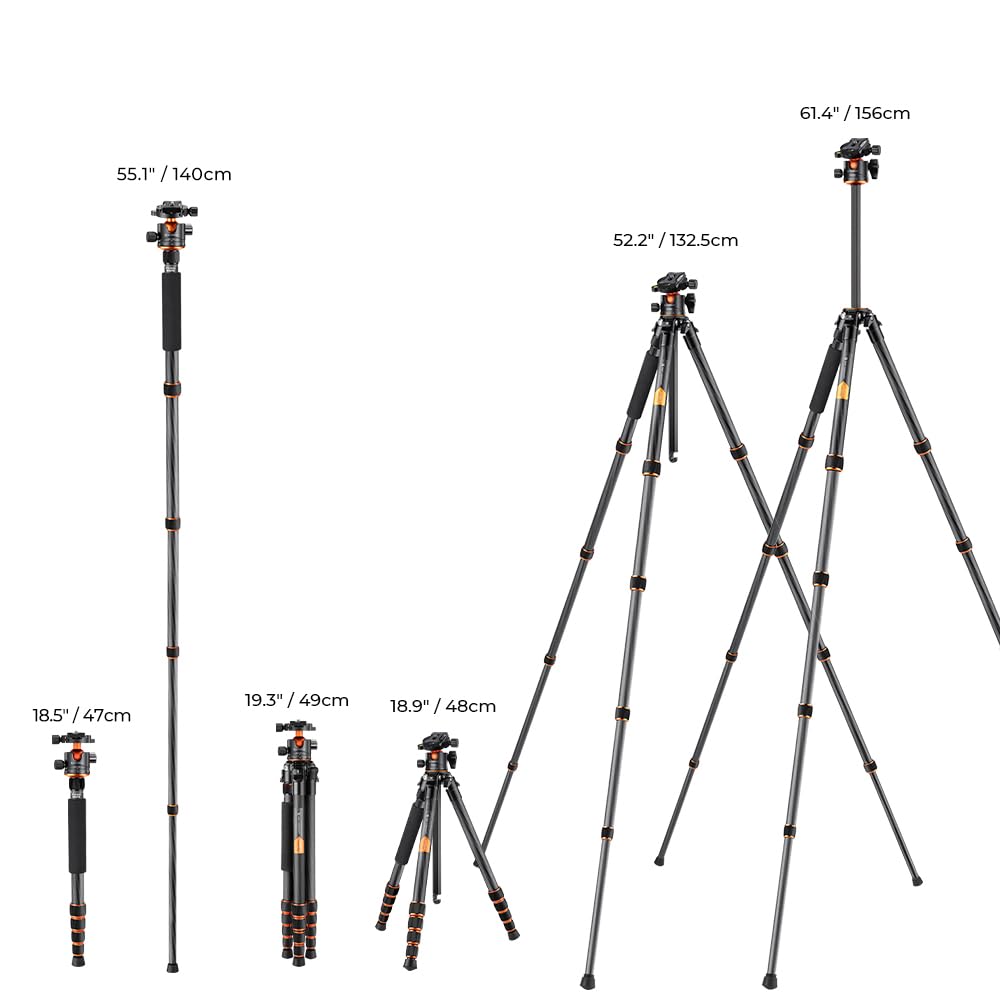 K&F CONCEPT Trípode Cámara de Carbono Compacto con Rótula de Bola 360°Compatible con Cámara DSLR, Carga Máxima: 15KG (A255C2+BH-36L)