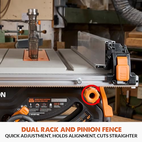 Evolution Power Tools R255TBLX Sierra De Mesa Con Soporte (Próxima Generación Rage 5-S) Hoja De Corte Multimaterial Incluida Corta Madera Metal Plástico, Bisel 45˚, +/- 60˚ Ángulo De Inglete, 1650w