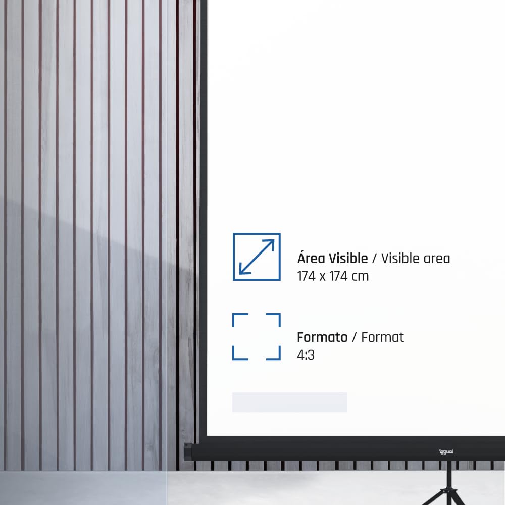 iggual Pantalla Proyección 100" Cuadrada-Portátil Manual Enrollable con Trípode- Visión 180º- Compatible 4K y Cualquier Proyector- Altura Ajustable- Bolsa Transporte y Trípode Incluido (180x180 cm)