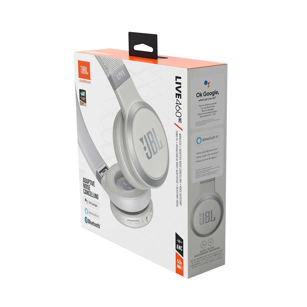 JBL LIVE 460 NC Auriculares supraaurales inalámbricos con cancelación adaptativa de ruido, tecnología Bluetooth, hasta 50h de batería sin NC, asistente de voz y conexión multipunto, blanco