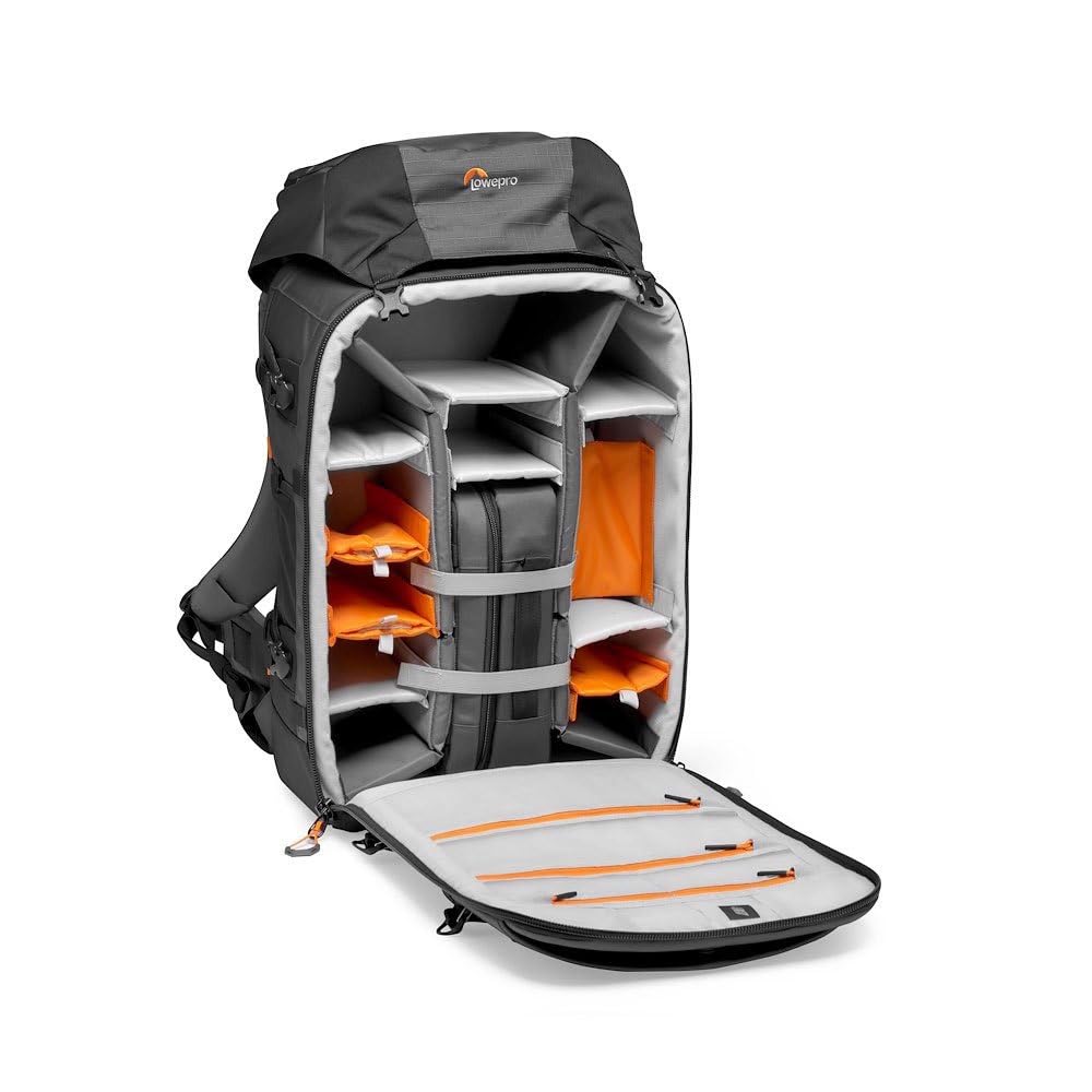 Lowepro Pro Trekker BP 550 AW II, mochila para fotógrafo de exteriores con tejido reciclado, cabe laptops y tablets de hasta 15" con divisiones Maxfit, tapa impermeable, negra o gris oscuro