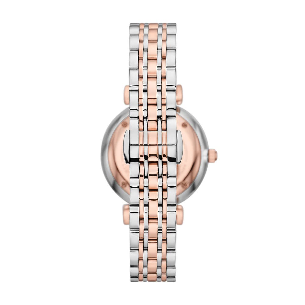 Emporio Armani Reloj de mujer, Movimiento de dos manecillas, 32MM 2T Caja de acero plateado/rosa con correa de acero, AR11537, Purpurina tono oro rosa y tono plata