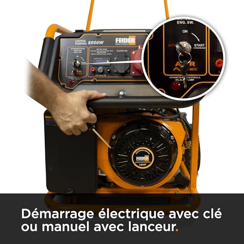 FEIDER Grupo Electrogénico Gasolina Trifásico 8500 W Tecnología AVR, Arranque Eléctrico, Motor 19 CV, Capacidad Tanque 25 L, Asa De Transporte, Kit De Ruedas Astillero – FG8500ES