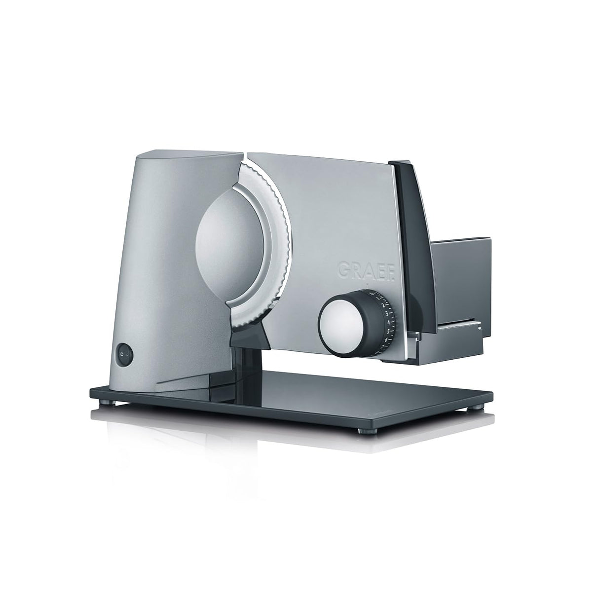 GRAEF Cortafiambres multiusos SKS320 plata, carcasa metálica, cuchilla dentada Ø170 mm de acero inoxidable, diseño compacto, base de cristal, función continua, seguridad infantil, fácil limpieza