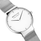 BERING 15540-004 Reloj de cuarzo para hombre con caja de acero inoxidable plateado de 40 mm y esfera blanca, correa milanesa, cristal de zafiro y resistencia al agua de 5 ATM