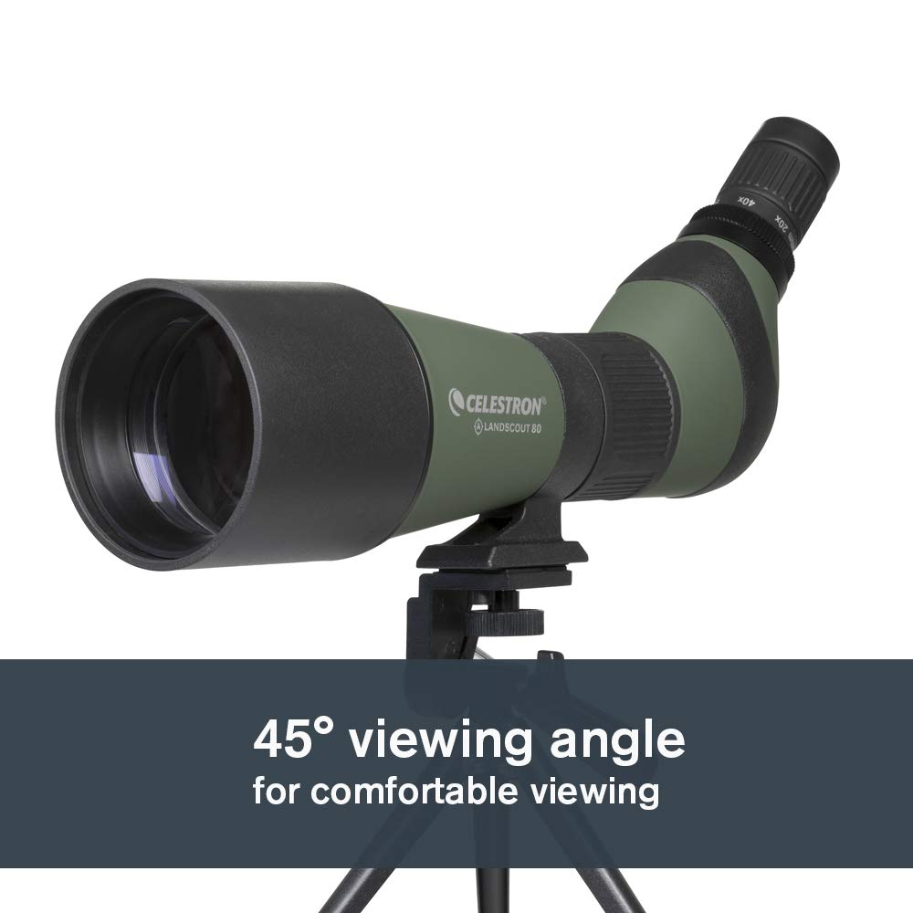 Celestron 52329 LandScout Catalejo de 80 mm en ángulo con Carcasa de Caucho, óptica Completamente revestida, Ocular con Zoom 20–60x, trípode de sobremesa y Adaptador para Smartphone, Verde