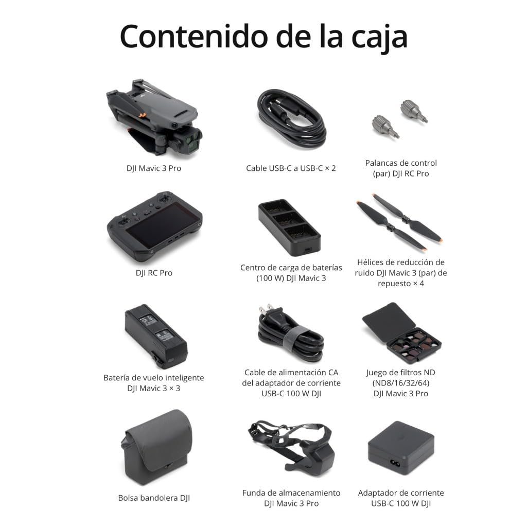 DJI Mavic 3 Pro Pack Vuela Más con DJI RC Pro (pantalla de alto brillo), Mando a distancia, cámara Hasselblad con CMOS 4/3, tres baterías de vuelo inteligentes, centro de carga, juego de filtros ND