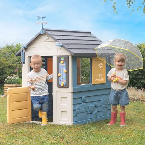 Smoby- Casa 4 Estaciones- para Aprender sobre Las Estaciones, Carillón de Viento, Veleta, Pluviómetro y Tablero Didáctico, A Partir de 2 años, Medidas: 102,7 x 121,8 x 143,4 cm (7600810731)