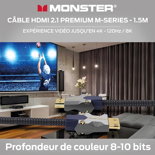 Monster Cable HDMI M3000 de 1,5 m, cable HDMI 2.1, cable HDMI 8K, cable HDMI de ultra alta velocidad 48 Gbps, 8 K a 60 Hz, 4K a 120 Hz, HDR, eArc, conectores dorados, cable de TV compatible con