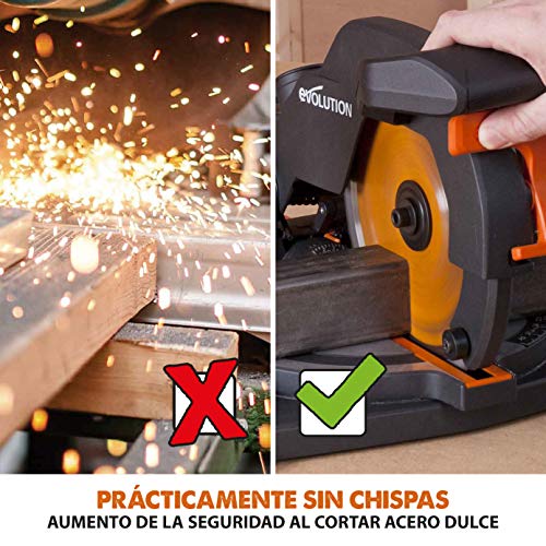 Evolution Power Tools R210CMS Multimaterial Sierra Ingletadora - Corta acero dulce, aluminio, plástico, madera con clavos incrustados, 210 mm