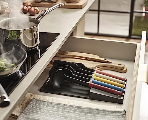 Joseph Joseph Elevate Cuchillos de Cocina Profesionales y Utensilios de Cocina, 10 piezas, con Almacenamiento para Cajón, Negro/Multicolor