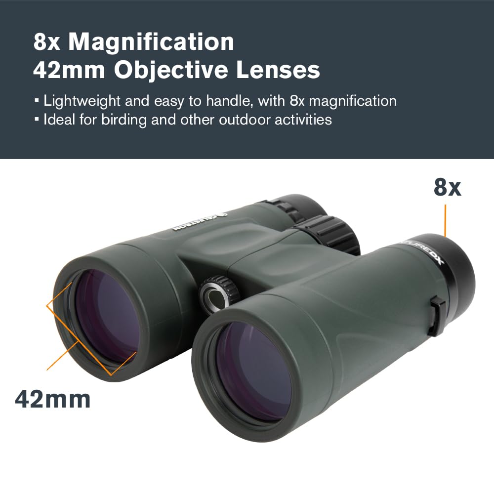 Celestron 71332 Nature DX de 8 x 42 mm Prismáticos con Lente Multicapa, Cristal de Prisma BaK-4 y Funda de Transporte, Verde