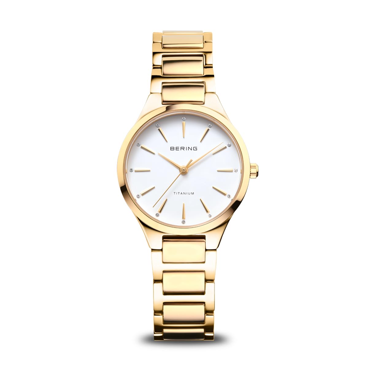 BERING 15630-734 Reloj de Cuarzo para Dama con Caja de Titanio de 30 mm con Acabado Dorado y Esfera Blanca, Brazalete de Titanio con Detalles de Titanio, Resistencia al Agua de 10 ATM