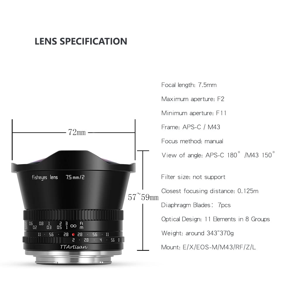 TT Artisan Conector de Objetivo de 7,5 mm F2.0 APS-C para cámara Panasonic Leica L Sigma Mount Negro, Objetivo Gran Angular con ángulo de visión de 180 Grados