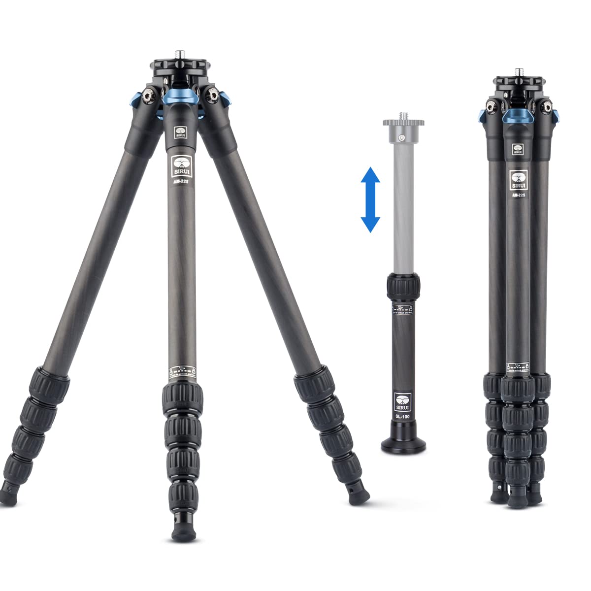 SIRUI Trípode para Cámara de Viaje AM-225, 159cm Trípode Portátil de Fibra de Carbono con Tubo de Extensión SL-100, Trípode para Fotografía con Columna Central de Carbono, Carga Máxima 6kg