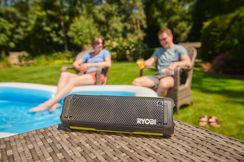 RYOBI - Altavoz Bluetooth inalámbrico de 4 voltios, portátil e Impermeable (IP67), batería de 2 Ah USB de Litio de Larga duración, RS4-120G