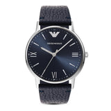 Emporio Armani Reloj para hombre, movimiento de tres manecillas, caja de acero inoxidable plateado de 41 mm con correa de piel, AR11012, Tono azul y plateado