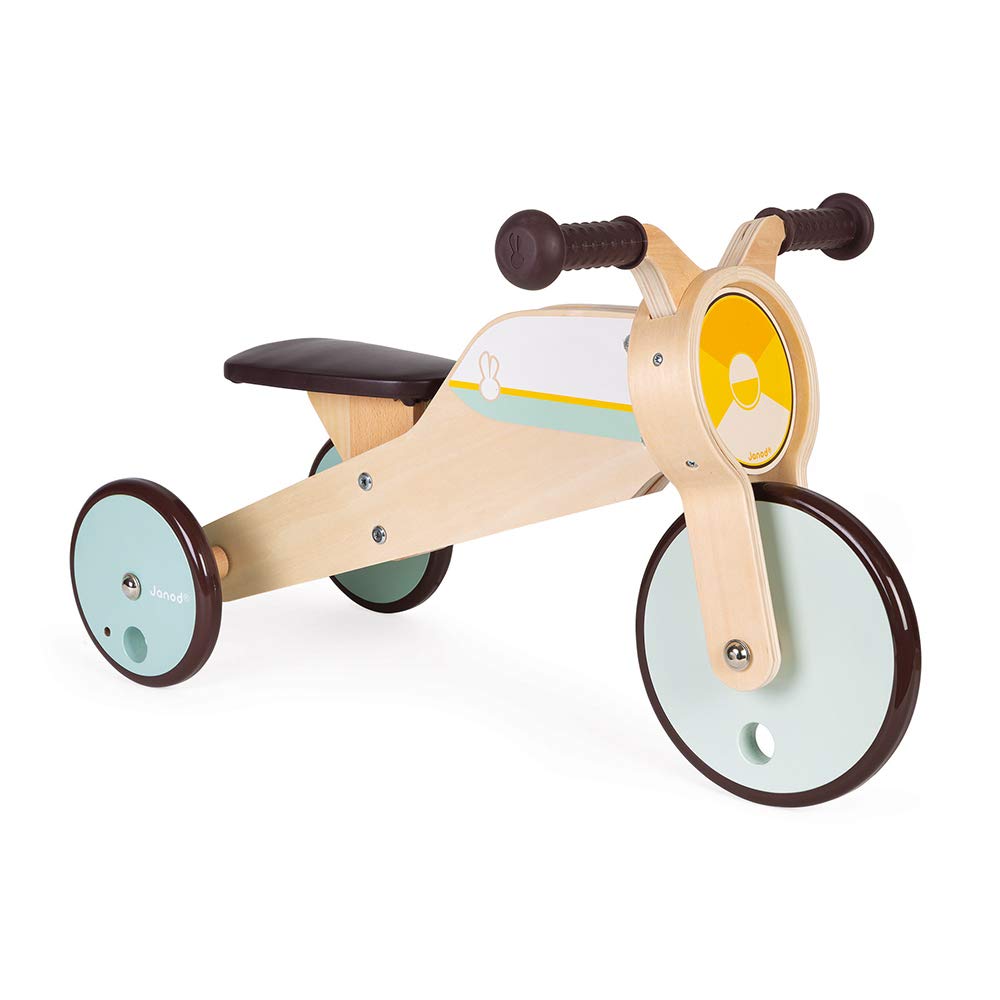 Janod - Triciclo de madera con balancín - Triciclo para bebés de la primera edad - Para desarrollar la motricidad gruesa y el sentido del equilibrio - Juguete de madera - De 12 a 36 meses, J03284