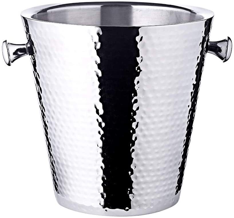 EDZARD Champanera/refrigerador de botellas Valencia, con soporte, acero inoxidable muy pulido, de doble pared, exterior martillado, altura total 83 cm, altura de refrigador 23 cm, diámetro 22 cm