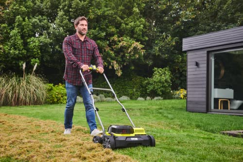 RYOBI - Escarificador Brushless Inalámbrico 18V ONE+ con 2 Baterías 4,0 Ah y Cargador de 2,0 A y Bolsa de Recogida 55l - Ancho 35cm - 4 Posiciones, 16 Cuchillas - Empuñadura Ajustable - RY18SFX35A-240