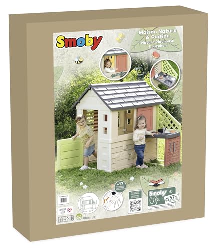 Smoby Life Casa Nature con Cocina de Juguete - Casita Infantil Interior y Exterior - Material Reciclado UV Resistente - A Partir 2 años - Cocina y Accesorios Incluidos - (7600810739)