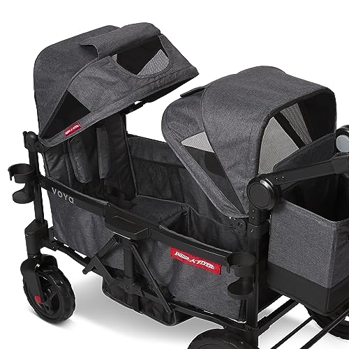 Radio Flyer Voya Stroller Wagon, Cochecito Doble, 2 Asientos Altos Cara a Cara, toldo Ajustable con protección UV, Bandeja para Aperitivos, Gris