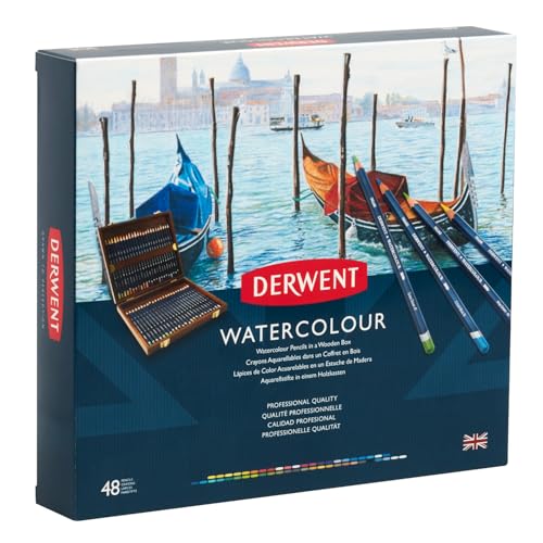DERWENT Lápices Derwent Solubles en Agua, Para Pintar y Dibujar, Set de 48 en Caja de Madera de Regalo, Ideal para Matizar y Crear Capas, Calidad Profesional, 0700758