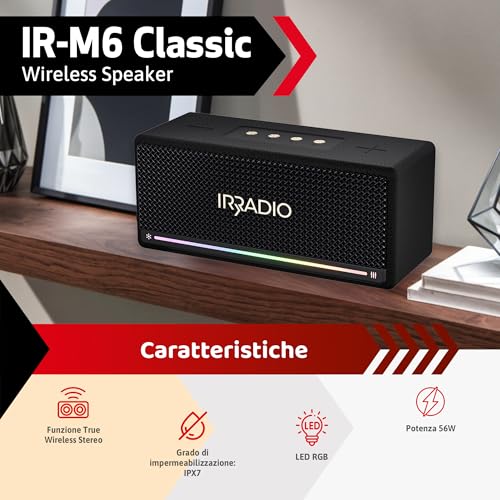IRRADIO IR-M6 Classic, Altavoz Bluetooth portátil, 40 W, Doble woofer y Tweeter, Grado de impermeabilización IPX7, iluminación LED RGB, función True Wireless Stereo, Compatible con formatos MP3 y WA