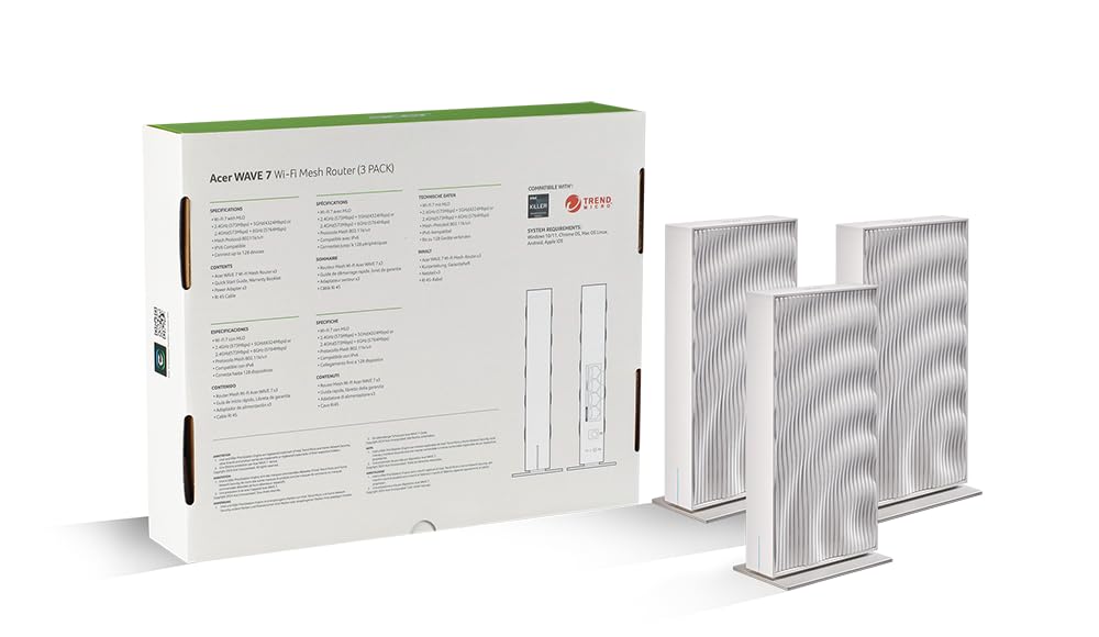 ACER- Pack de 3 routers de Malla WiFi Connect W7, WiFi 7 hasta 6,4 Gbps, Sistema de Malla, MLO, soporta 6 GHz, 5 GHz, 2,4 GHz y 320 MHz, múltiples Puertos ethernet