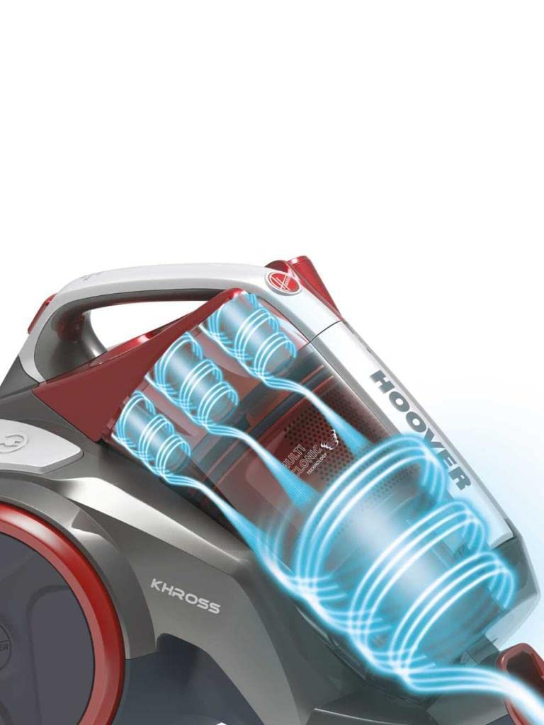 Hoover Khross KS50PET Aspirador sin Bolsa, Multiciclónico, Cepillo Pelo Mascota, Alfombras, Parquet, Accesorios a Bordo, Filtro EPA, 1.8L, 78dB, 550 W, Cable 7.5m, Plástico, Marrón/ Rojo/ Gris