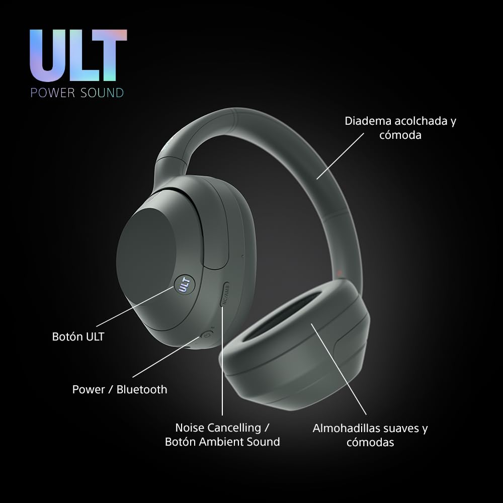 Sony ULT Wear, Auriculares inalámbricos Bluetooth con ULT Power Sound, Ultimate Deep Bass, Noise Cancelling, Calidad de Llamada nítida, hasta 30H de autonomía de la batería, iOS y Android, Gris Bosque